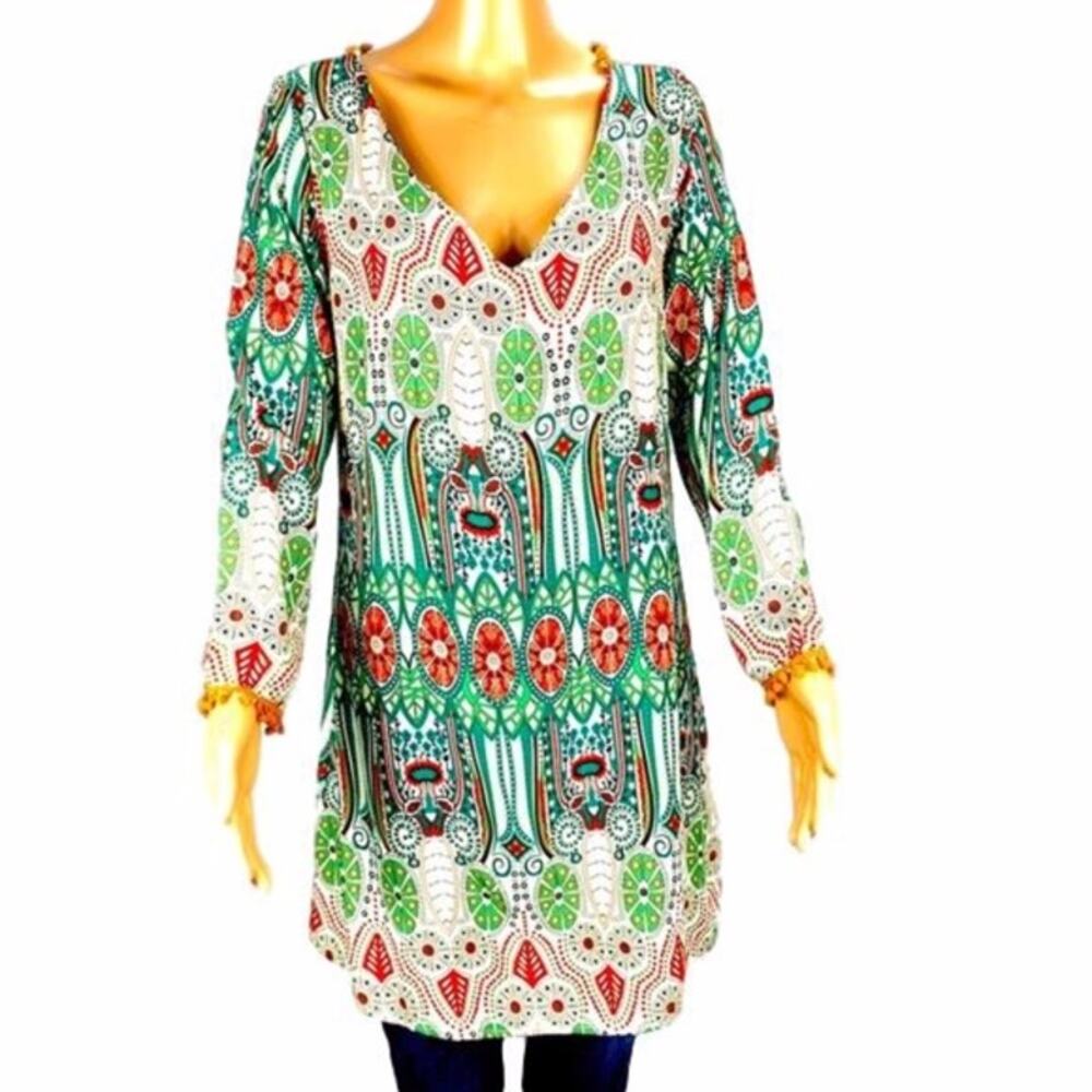 Boho Tunic Women's M Multicolor Geometric Dress Pom Poms Medallions Hippie Artsy